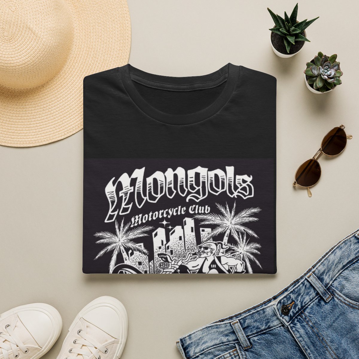 Mongols Motorcycle Club graphic T-Shirt | Vintage biker skyline palm trees | Mongols MC